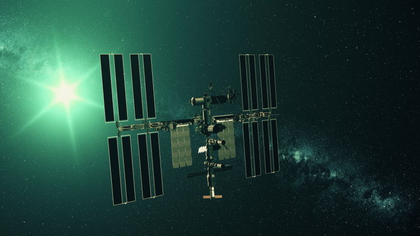 International Space Station charging solar battery. Pan right of realistic ISS with array. Star twinkle view from outer cosmos. 3d render animation. 4K. Elements of this media furnished by NASA