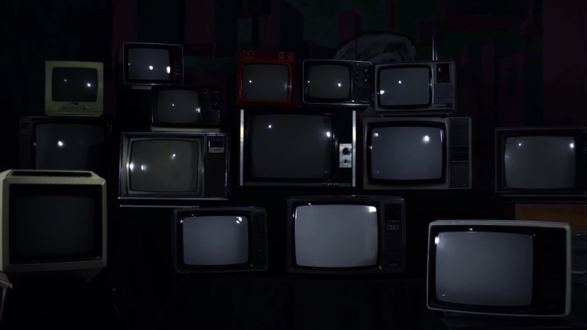 Flag of Montreal, Canada, on Vintage Televisions. Blue Dark Tone. Zoom In. 