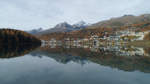 Aerial view of St. Moritz with Lake St. Moritz in autumn, Switzerland
