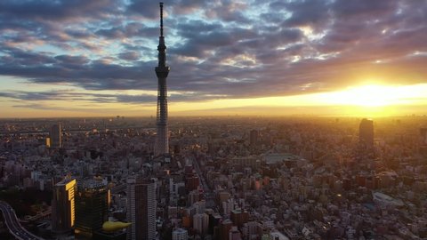 2019/11/20 TOKYO JAPAN. Aerial view 4k video by drone of Tokyo sky tree in Tokyo city Japan on sunrise.