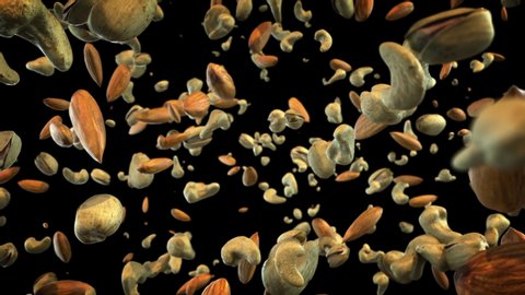 Mixed Nuts Exploding in Air. Slow Motion Animation of Almonds, Cashews and Pistachios Bursting and Flying Towards the Camera on Black Background. Healthy Diet Superfood.