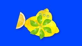 Looping animated video of a yellow ship made of lemon with mushroom blades from green leaves on a blue background with a brightness mask for cutting out the background during video editing.