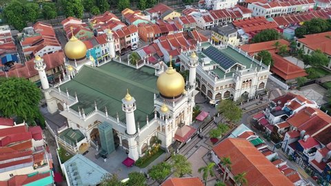 Singapore, Singapore Dec 01/2019 Drone view of Masjid Sultan (Sultan Mosque), establishing aerial shot, Bugis
