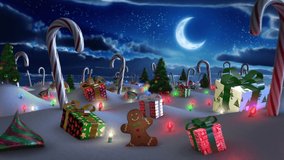 
Christmas Land Extravaganza.  Looping fly-through animation over snow covered hills with Christmas presents, lights, ornaments, cookies, chocolate drops, decorated trees and candy canes. - Powered by Shutterstock - Get 15% off with code: PIKWIZARD15