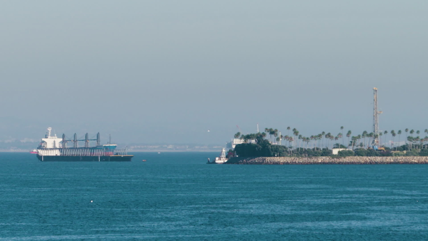 Telephoto: Huge Cargo ship anchored off Island Freeman, Long Beach, CA