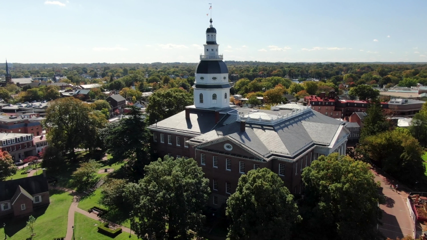 Aerial above MD State House, Annapolis Harbor, US Naval Academy in Maryland