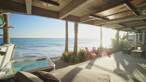 Ocean view from beach property on PCH, shot of real estate interior, house holding in California: Los Angeles, California / United States - 11 29 2019