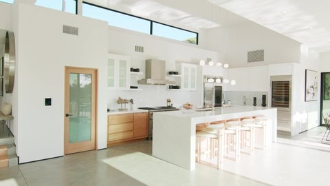 Modern kitchen in luxury house, houses in Malibu, shot of real estate interior, house holding in California: Los Angeles, California / United States - 11 29 2019