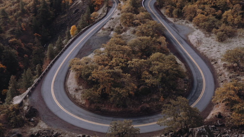 Truck driving around hairpin turn at Rowena Crest Oregon.