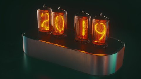 2019-2020 change Happy New year 2020 Nixie tube clock with stylish metal and wood base. New year 2020. 3d render super high quality. 4K resolution.