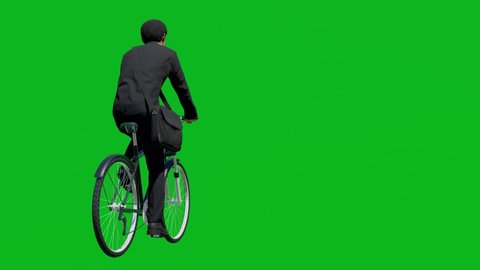 Asian businessman riding a bicycle in back view, realistic 3D people rendering isolated on green screen.
