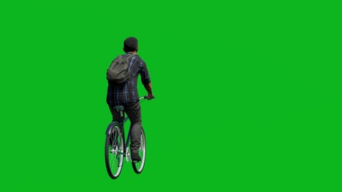 Asian casual man riding a bicycle in back view, realistic 3D people rendering isolated on green screen.