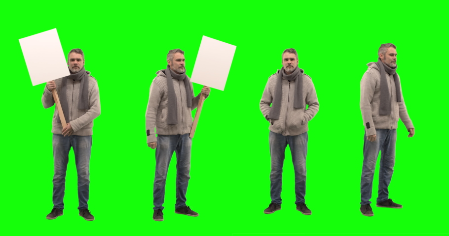 GREEN SCREEN CHROMA KEY Caucasian man posing as a strike participant, holding a sign with tracking points, strike crowd replication. 4K UHD