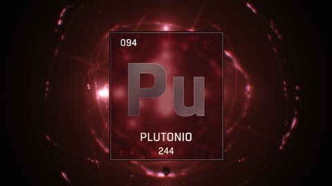 Plutonium as Element 94 of the Periodic Table Seamlessly looping 3D animation on red illuminated atom design background with orbiting electrons. Name, atomic weight, element number in Spanish language