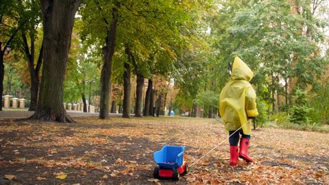 4k footage of little toddler boy in raincoat walking on fallen autumn tree leaves at park and pulling toy truck by rope : vidéo de stock