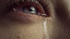 Close Up Macro Zoom Shot of a Crying Eye. Young Beatiful Female with Natural Light Blue, Yellow and Brown Color Pigmentation on the Iris. Mascara is Applied to Eyelashes. Tears are Flowing Down. - Powered by Shutterstock - Get 15% off with code: PIKWIZARD15