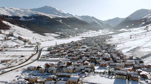 
small Italian town of Livigno, in winter, shot from above