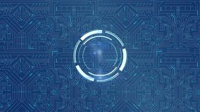 Animation of scope scanning and processing data with moving light trails on computer circuit board on blue background - Powered by Shutterstock - Get 15% off with code: PIKWIZARD15
