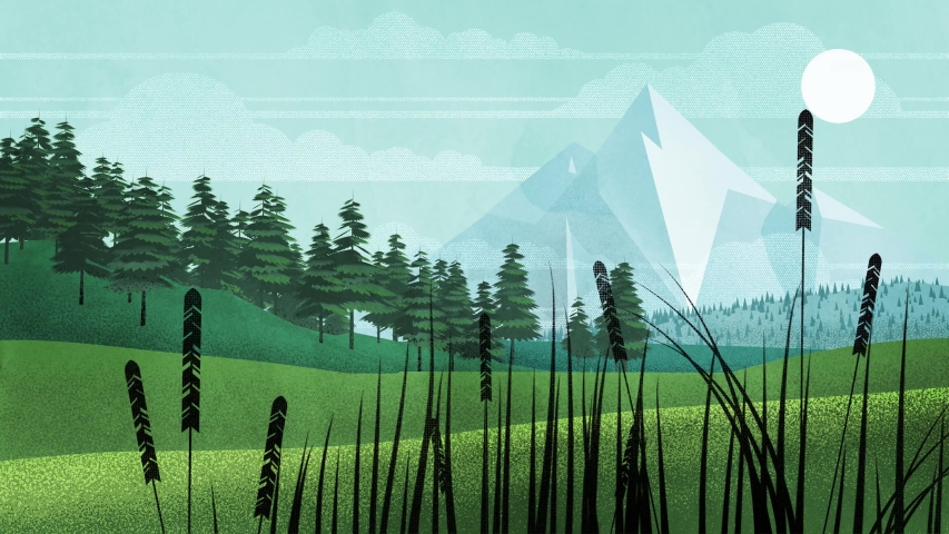 Countryside Landscape Animated Illustration Hand Drawn Textured Backgrounds. Includes day and night versions loop ready animations.