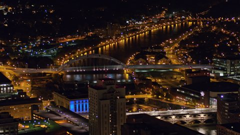 Rochester New York Aerial v16 Slow panning nighttime view of bridges along Genesee River - October 2017