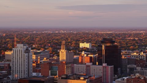 Rochester New York Aerial v32 Sunrise panoramic cityscape from perspective of downtown high rises - October 2017