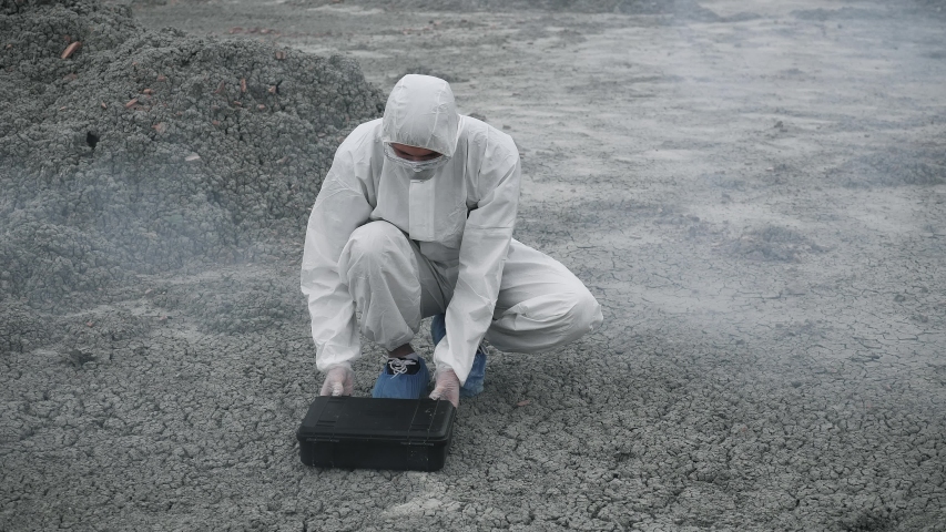 A laboratory technician in a mask and a chemical protective suit opens a toolbox on dry land, around toxic smoke