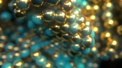 Turquoise and golden sparkling spheres animation. Abstract background with colorful particles. Floating balls. Motion design composition. 3d animation. Abstract bubbles cluster. 4K UltraHD