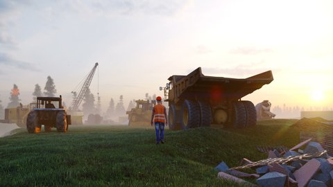 Construction site with cranes, tractors and engineer, industrial landscape at sunset. Building background, close-up.