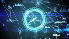 Animation of fast moving clock with network of connections on dark blue background - Powered by Shutterstock - Get 15% off with code: PIKWIZARD15