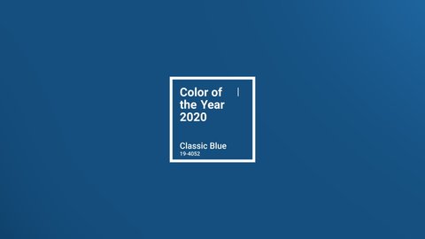 Animated presentation of classic blue pantone color, chosen the color of the year, 2020. Drawing white square with a line then text appear. New style trend.