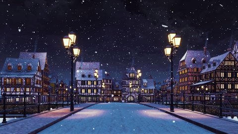 Moving along empty bridge lit by street lights to a cozy european town with traditional half-timbered rural houses at calm winter night during snowfall. With no people 3D animation rendered in 4K