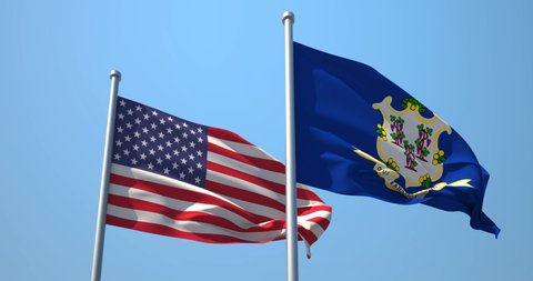 Connecticut flag and the USA on a flagpole realistic wave on wind not synchronously, solid background. State of Connecticut in The United States of America. Hartford. Bridgeport.