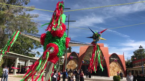 Aguascalientes, Mexico. 12/16/19 Mexican tradition of breaking the piñata at Christmas parties and in traditional inns.