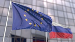 Waving flags of the European Union EU and Russia in front of a modern skyscraper facade - Powered by Shutterstock - Get 15% off with code: PIKWIZARD15