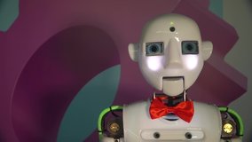 Artificial Intelligence. The robot shows emotions. Modern robotics. The machine looks and smiles at people. Eyes of the robot. Cyborg. Futuristic robot concept. artificial intelligence virtual robot - Powered by Shutterstock - Get 15% off with code: PIKWIZARD15