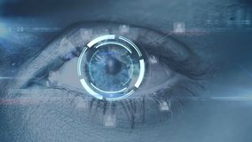 Animation of scope scanning and data processing with blinking eye of a woman in the background - Powered by Shutterstock - Get 15% off with code: PIKWIZARD15