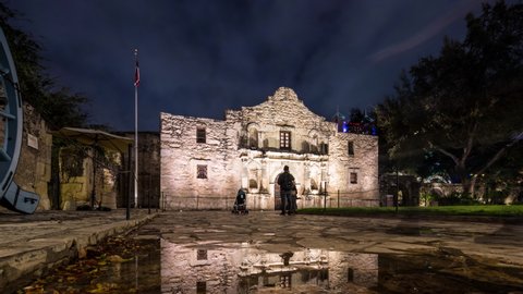 San Antonio, Texas, USA - December 17, 2019: The Alamo at Night Time Lapse