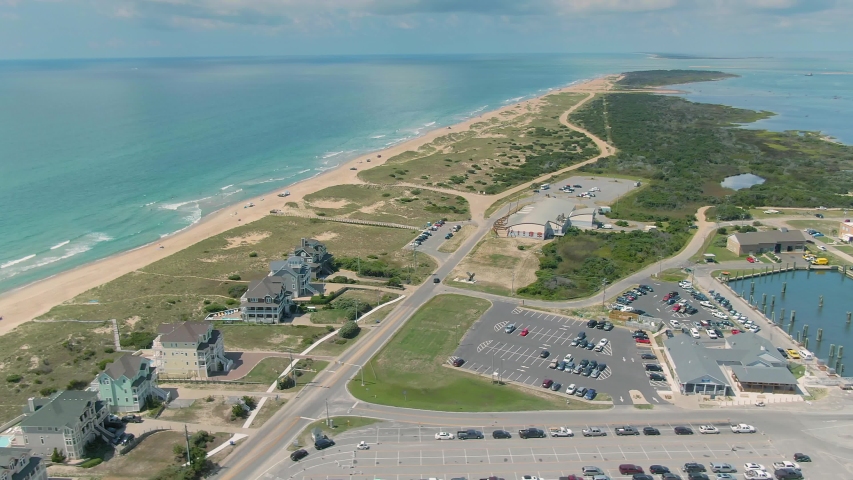 Aerial: Town of Hatteras in Outer banks, North Carolina, USA. 