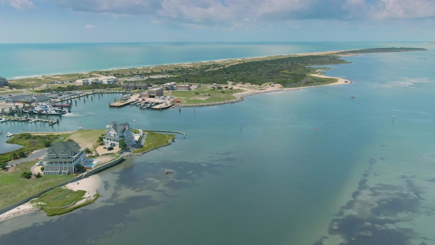 Aerial: Town of Hatteras in Outer banks, North Carolina, USA. 