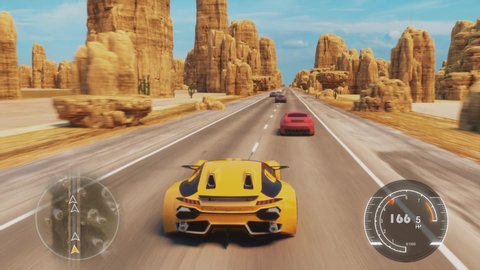Speed Racing 3d Video Game Imitation With Interface. Sports Cars Compete On The Desert Road With Rocks. Gameplay Screen.