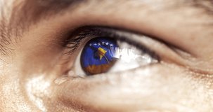 man with brown eyes in close up, the flag of Kosovo in iris with wind motion. video concept