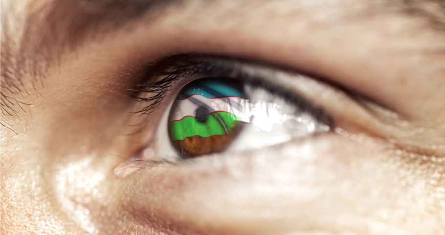 Man with brown eyes in close up, the flag of uzbekistan in iris with wind motion. video concept | Shutterstock HD Video #1043059561