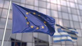 Waving flags of the European Union EU and Greece in front of a modern skyscraper facade - Powered by Shutterstock - Get 15% off with code: PIKWIZARD15