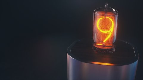 Nixie tube on metal and wood base counting down from 9 to 0. Rendered beautifuly in 4k resolution. Slight camera movement.