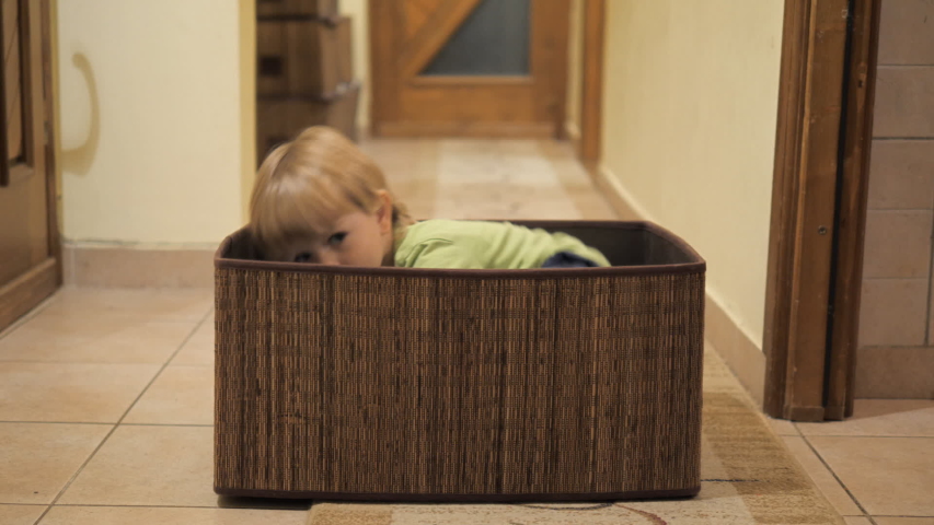 Little kid playing home hiding into a box Royalty-Free Stock Footage #1043066848
