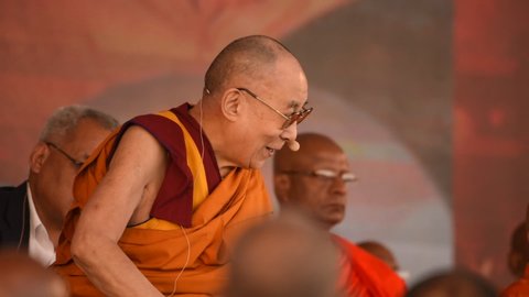 AURANGABAD, MAHARASHTRA, INDIA 24 NOVEMBER 2019 : His holiness the Dalai Lama is delivering a speech to buddhist followers at the Global Buddhist Congregation, Aurangabad, India.