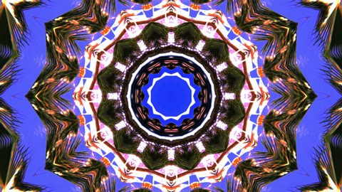 Tropical cool kaleidoscope of moving graphics, abstract background, mandalas or narcotic hallucinations of LSD or mushrooms, seamless 4k loop, meditation, hypnosis.