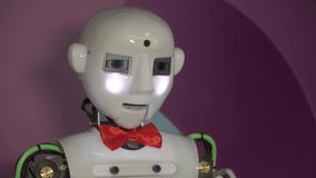 Artificial Intelligence. The robot shows emotions. Modern robotics. The machine looks and smiles at people. Eyes of the robot. Cyborg. Futuristic robot concept. artificial intelligence virtual robot - Powered by Shutterstock - Get 15% off with code: PIKWIZARD15