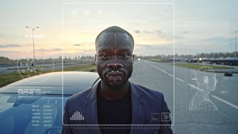 Biometrical Facial Recognition System Scanning Black Man Face creating Plexus Tracker Points. Face Id. Authentication Granted Concept. Future security user information protection. Digital technology