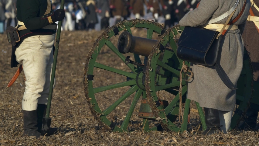 Napoleon army soldiers with artillery cannon, Austerlitz